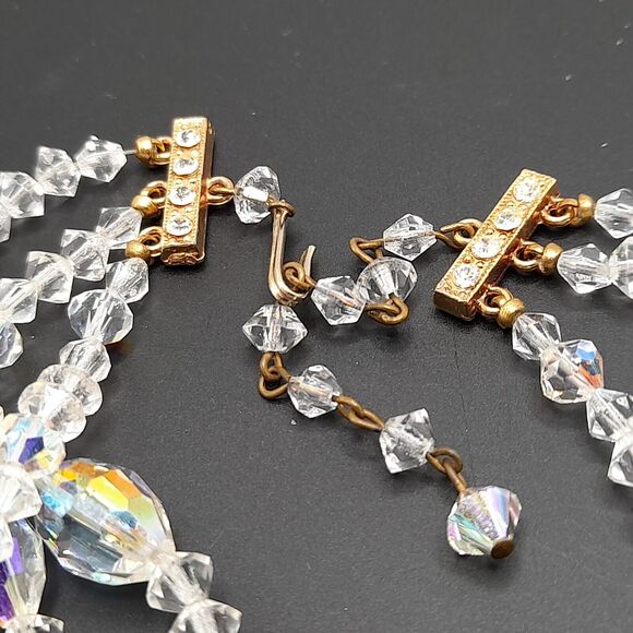 Vintage AB Crystal Bead Necklace, Three Strands, Wedding Necklace, 18" - Picture 10 of 11